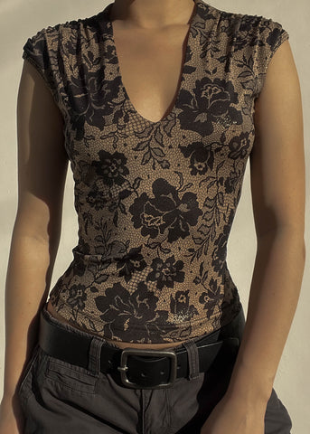 90's Black & Tan Floral Top (S)