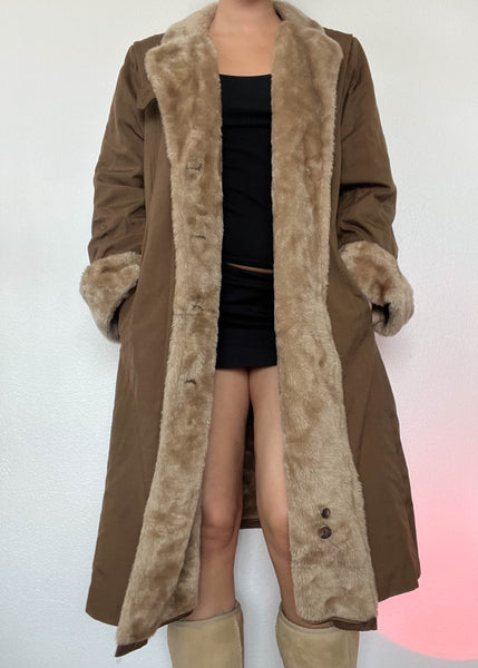 60's Brown Fur Trim Coat (L)