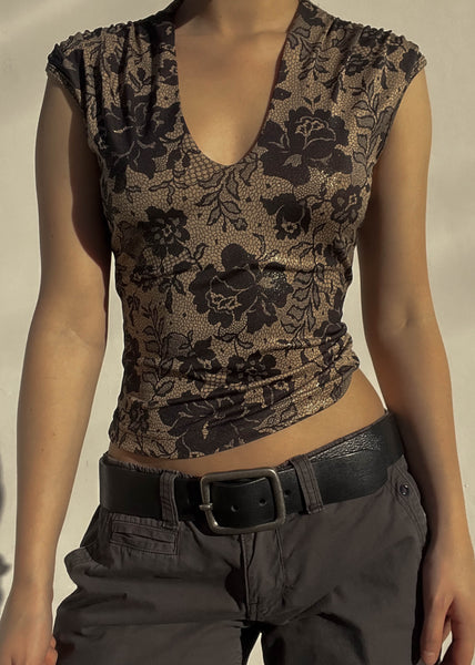 90's Black & Tan Floral Top (S)
