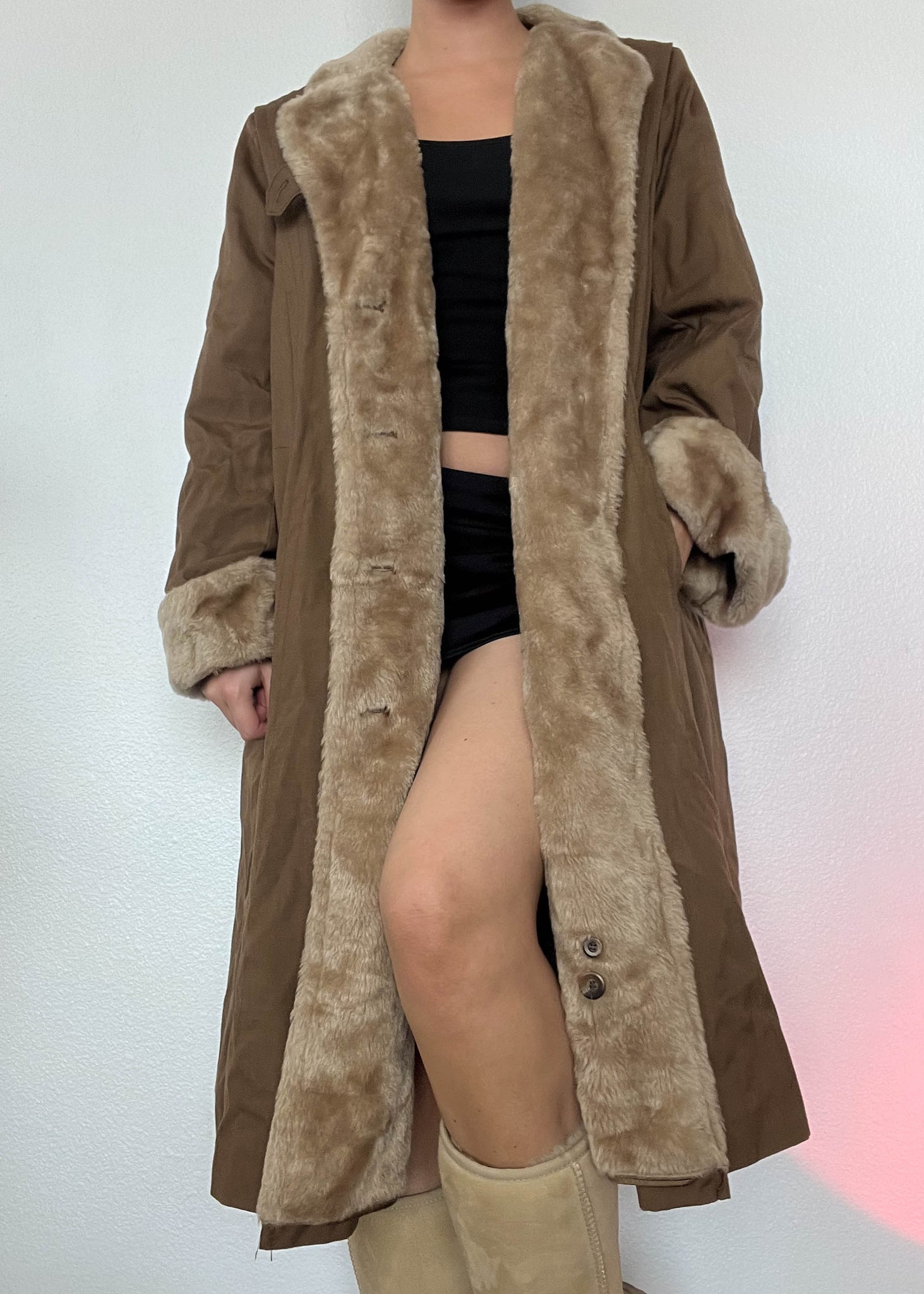 60's Brown Fur Trim Coat (L)