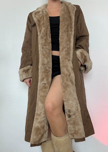 60's Brown Fur Trim Coat (L)