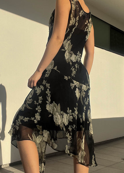 Sage & Black Floral Midi Dress (L)