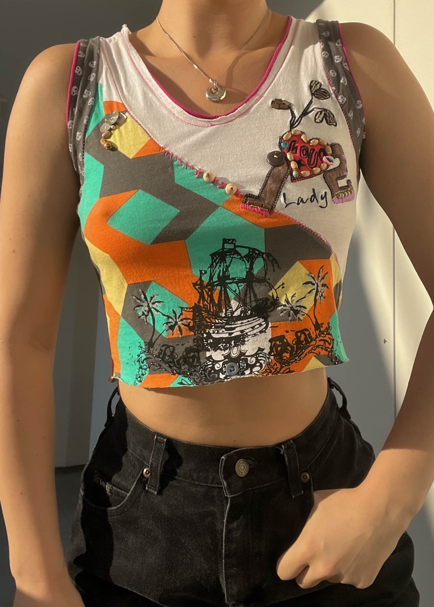 Y2k Funky Patchwork Crop (S)