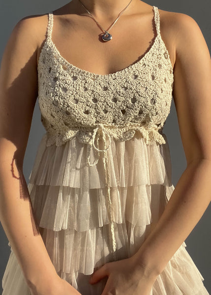 Cream Crochet & Mesh Ruffle Dress (S)