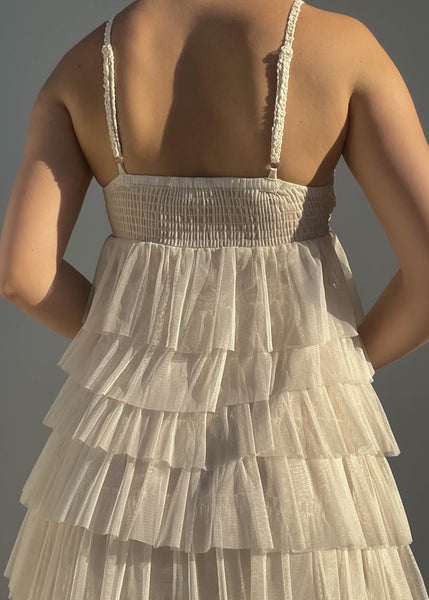 Cream Crochet & Mesh Ruffle Dress (S)
