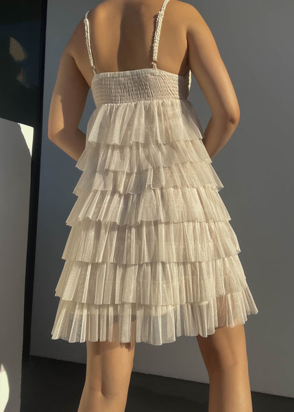 Cream Crochet & Mesh Ruffle Dress (S)