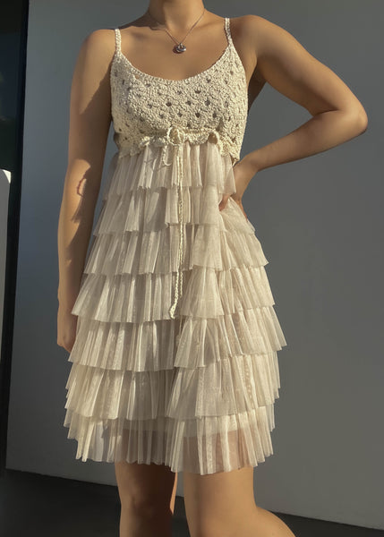 Cream Crochet & Mesh Ruffle Dress (S)