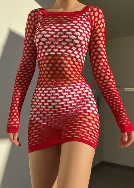 Y2k Red Fishnet Mesh Mini Dress (S-M)