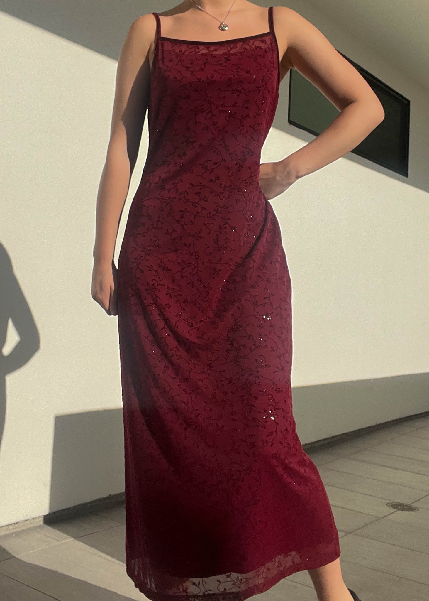 Maroon 90’s Floral Sparkle Maxi (S/M)