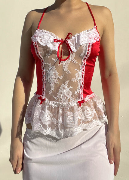 80's Red & White Lingerie Top (S)