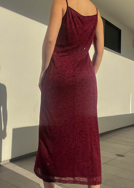 Maroon 90’s Floral Sparkle Maxi (S/M)