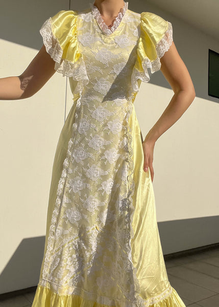 70’s Yellow & White Prairie Dress (M-L)