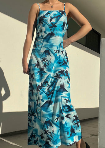 Tropical Print Blue Maxi Dress (L)