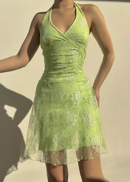 Y2k Lime Lace Halter Mini Dress (S)