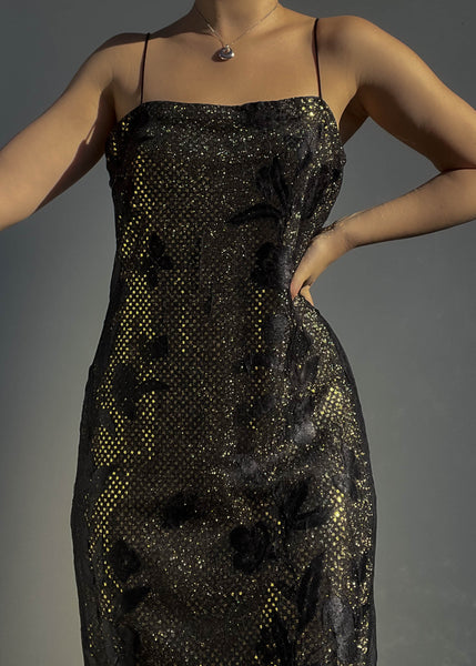 90’s Gold Shimmer & Black Lace Maxi (M)