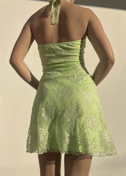 Y2k Lime Lace Halter Mini Dress (S)