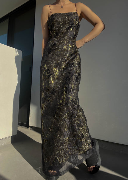 90’s Gold Shimmer & Black Lace Maxi (M)