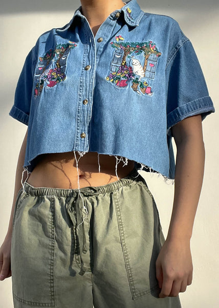 90's Kitty Denim Button Down (L)