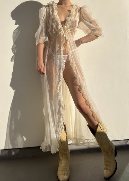 80's Cream Mesh Lingerie Robe (M)