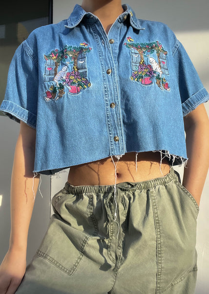 90's Kitty Denim Button Down (L)