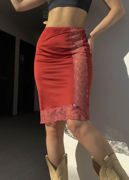 Terracotta Lace Trim Midi Skirt (XS)