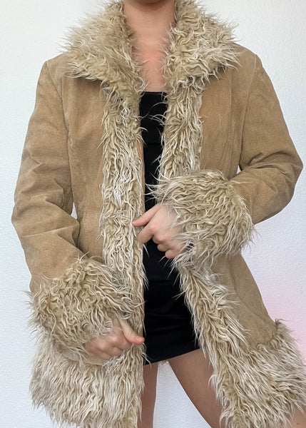 Y2k Tan Fur Trim Suede Coat (M)