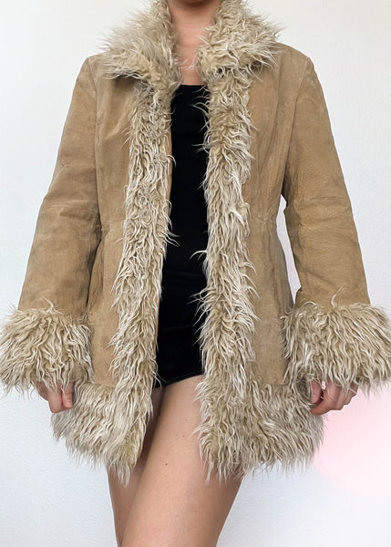 Y2k Tan Fur Trim Suede Coat (M)