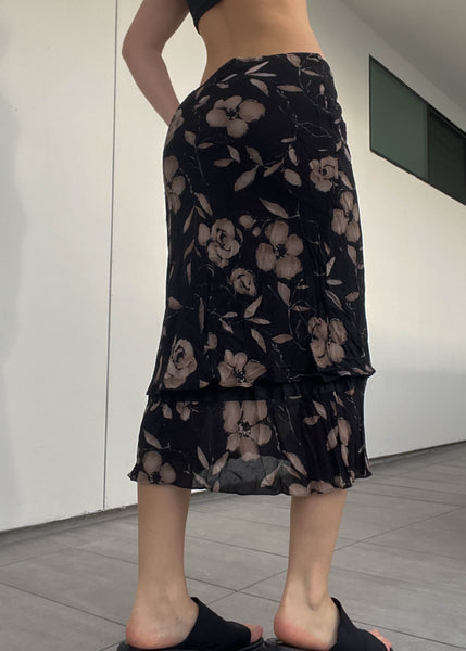 90’s Black & Brown Floral Midi Skirt (L)