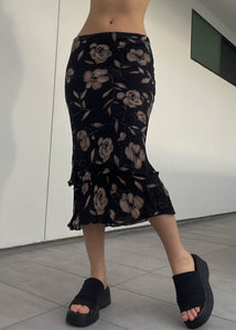90’s Black & Brown Floral Midi Skirt (L)