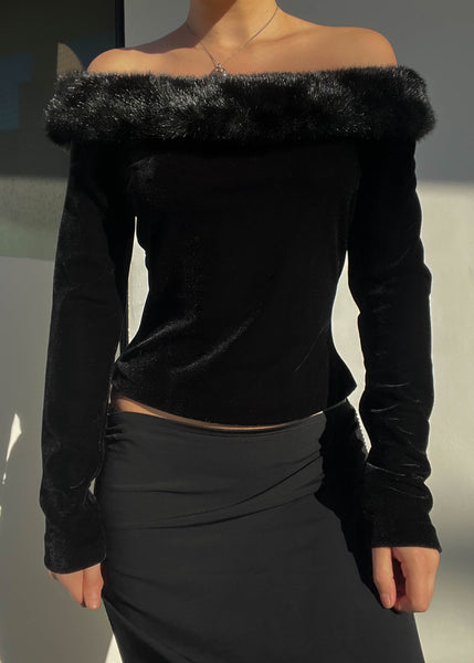 Black Velvet Fur Trim Top (M)