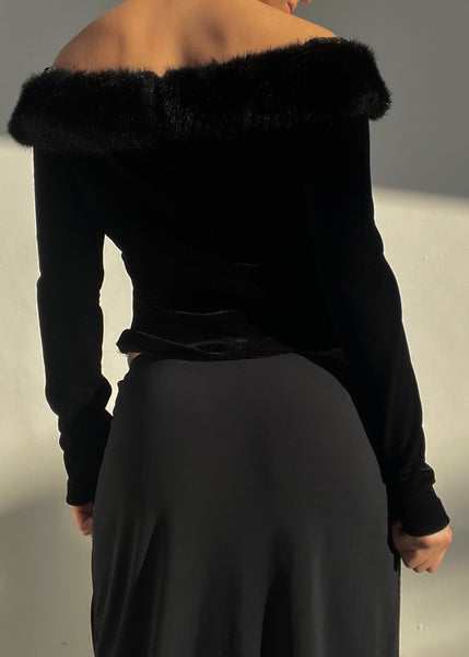 Black Velvet Fur Trim Top (M)
