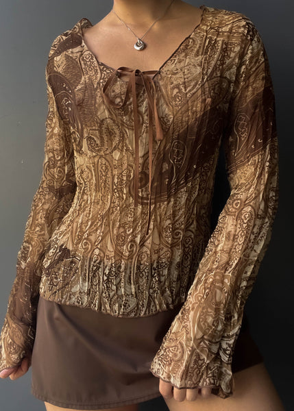 90's Brown Paisley Bell Sleeve (M-L)