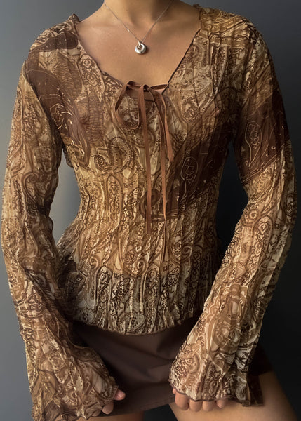 90's Brown Paisley Bell Sleeve (M-L)