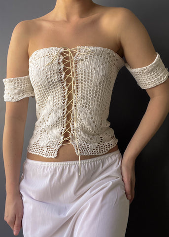 Cream Crochet Lace Up Top (S)
