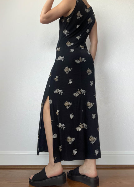 90's Rose Print Maxi Dress (M)