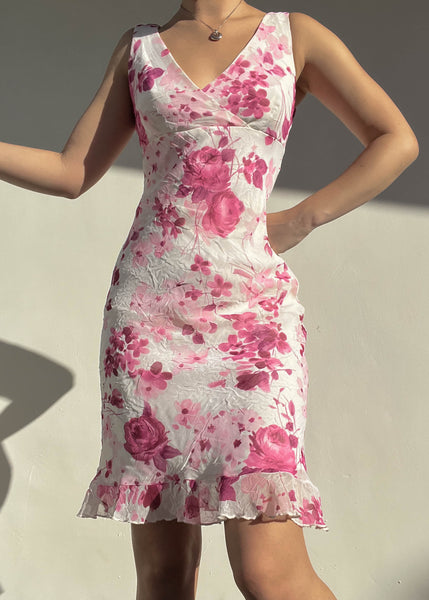 Magenta Floral Print Midi Dress (S)