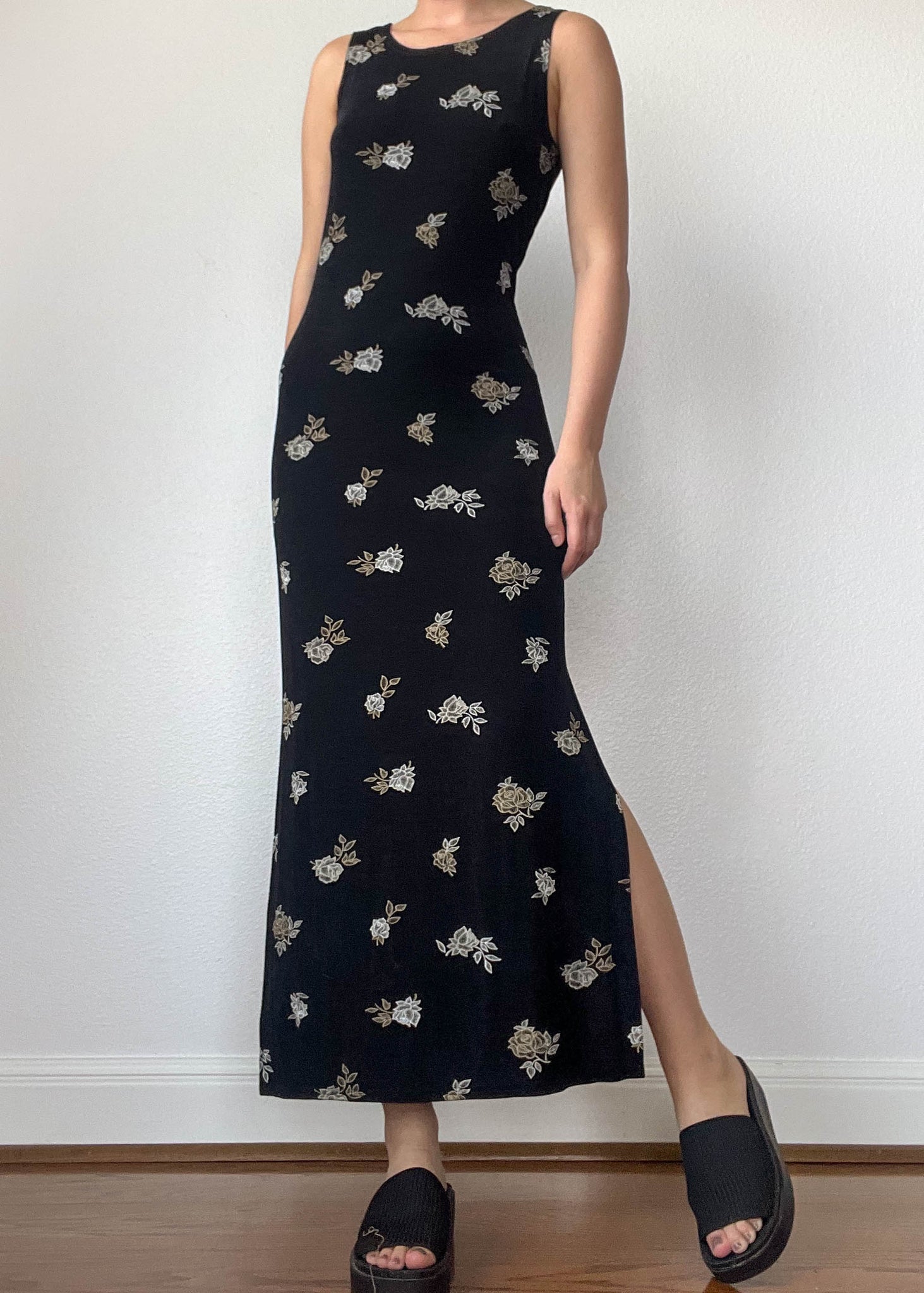 90's Rose Print Maxi Dress (M)