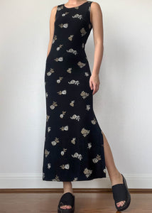 1990s maxi dress Vintage 1990s Linda Lundstrm Brown Lace Sequin Autumnal Maxi Dress, Medium