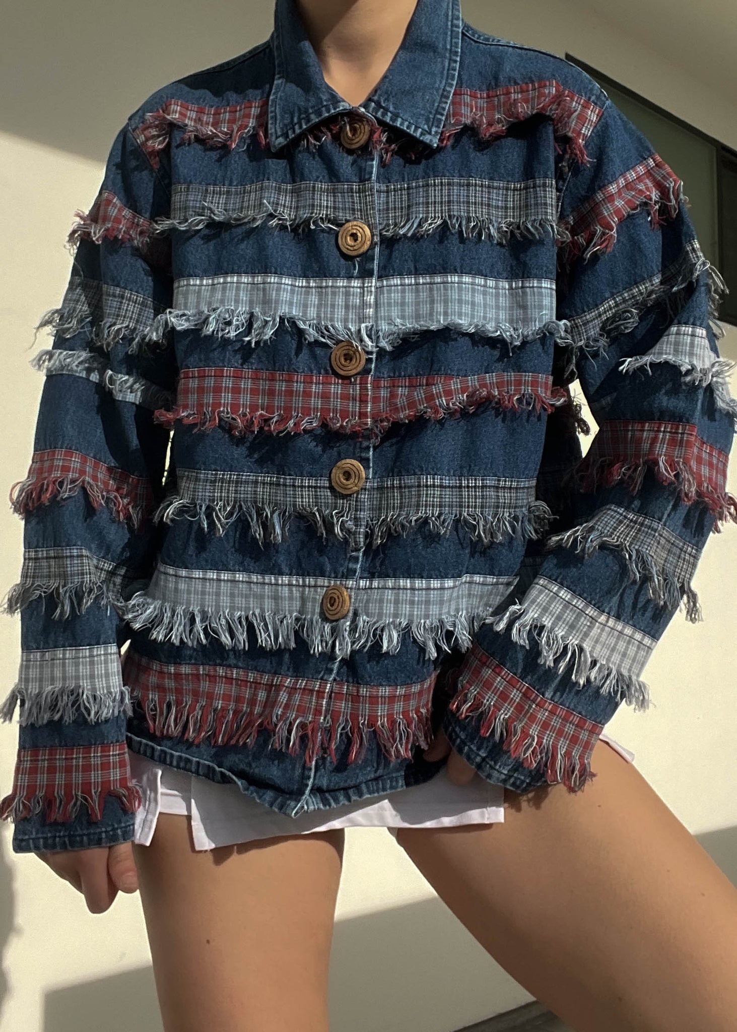 90's Denim & Plaid Fringe Jacket (L)