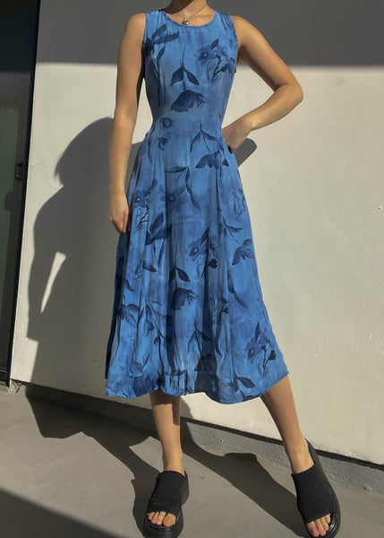 90’s Blue Floral Midi Dress (S-S/M)