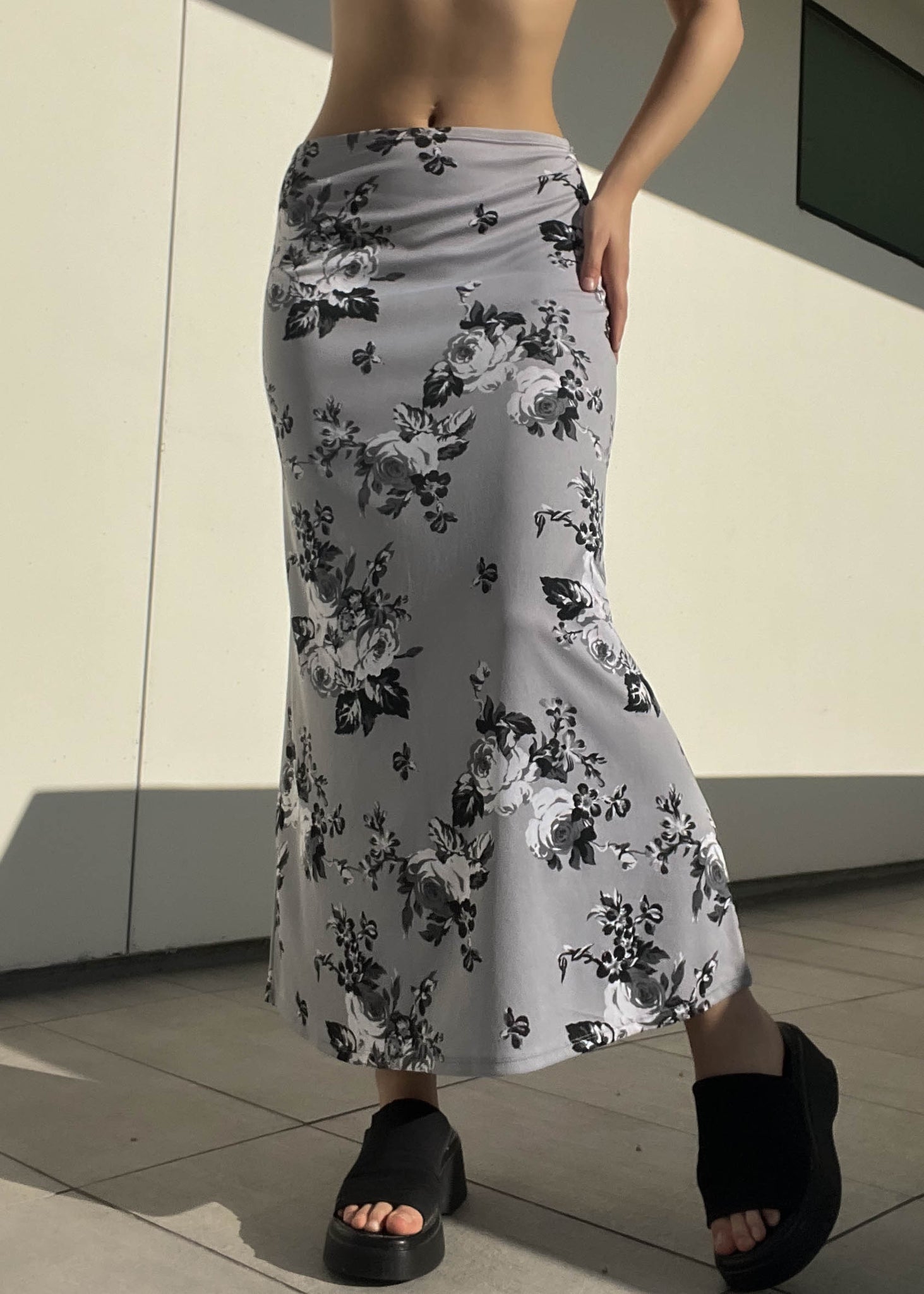 90's Gray Floral Print Maxi (S)