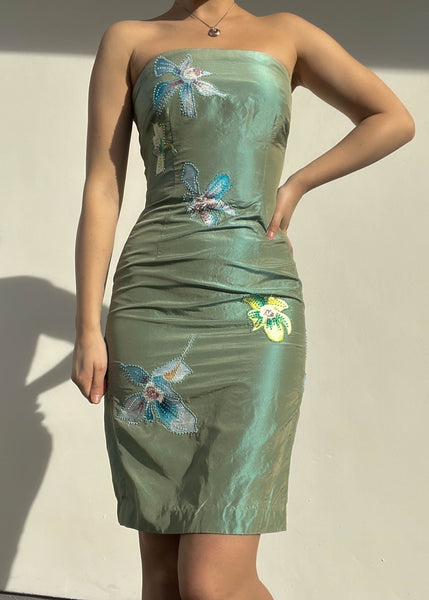 90's Floral Sage Mini Dress (S)
