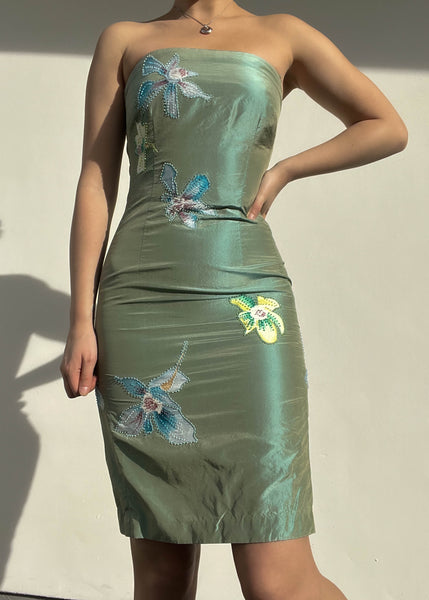 90's Floral Sage Mini Dress (S)