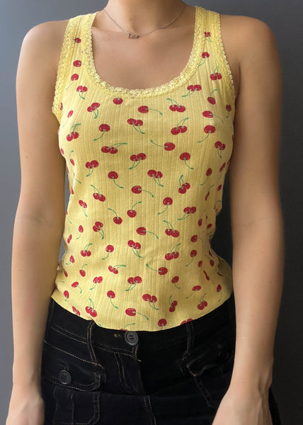 Y2k Yellow Cherry Print Tank (M-L)