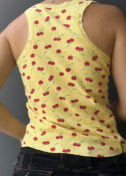 Y2k Yellow Cherry Print Tank (M-L)