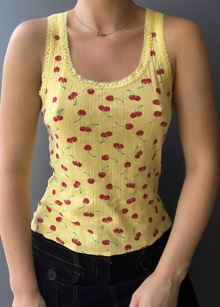 Y2k Yellow Cherry Print Tank (M-L)
