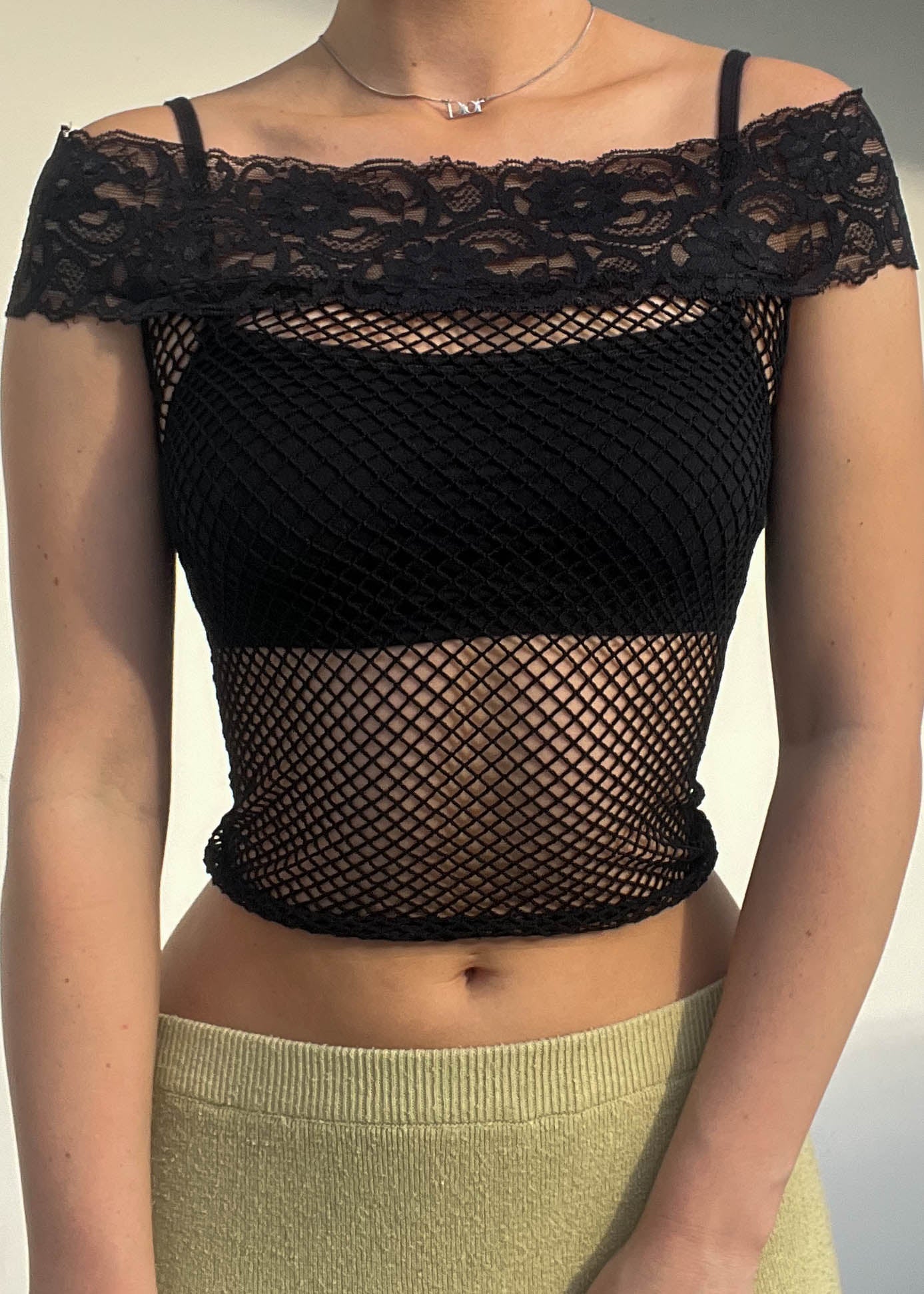 90's Black Lace & Fishnet Top (S)