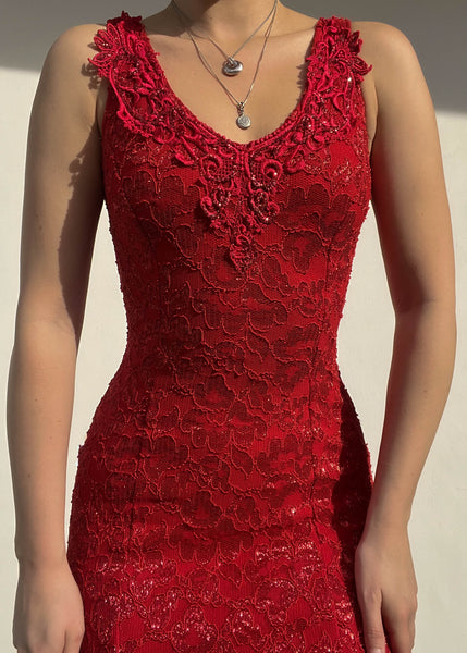 Red Sparkle Lace Maxi Dress (S)