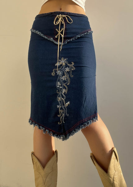 Y2k Lace Up Floral Denim Midi Skirt