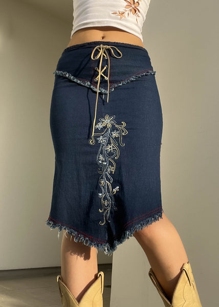 Y2k Lace Up Floral Denim Midi Skirt